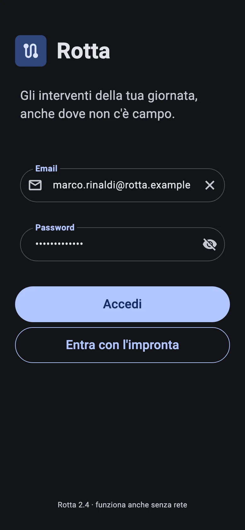 App del tecnico: schermata di accesso con email, password e accesso con l'impronta.