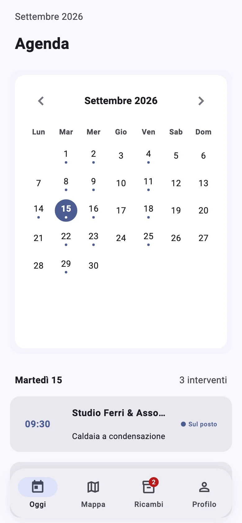 App del tecnico: calendario del mese con i giorni di lavoro e gli interventi del giorno.