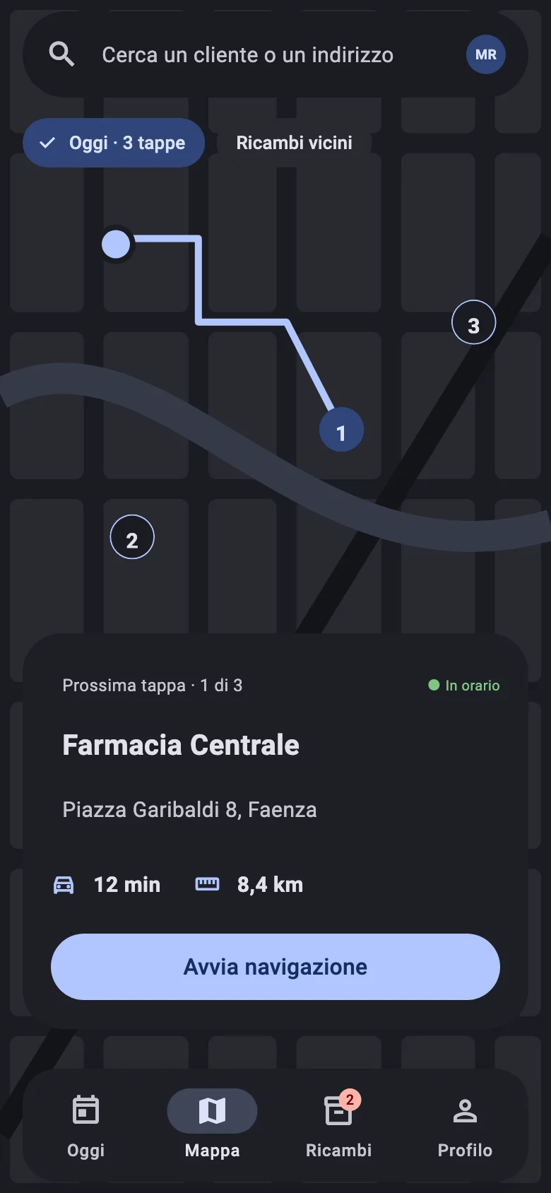 App del tecnico: mappa con le tappe della giornata e la prossima destinazione.