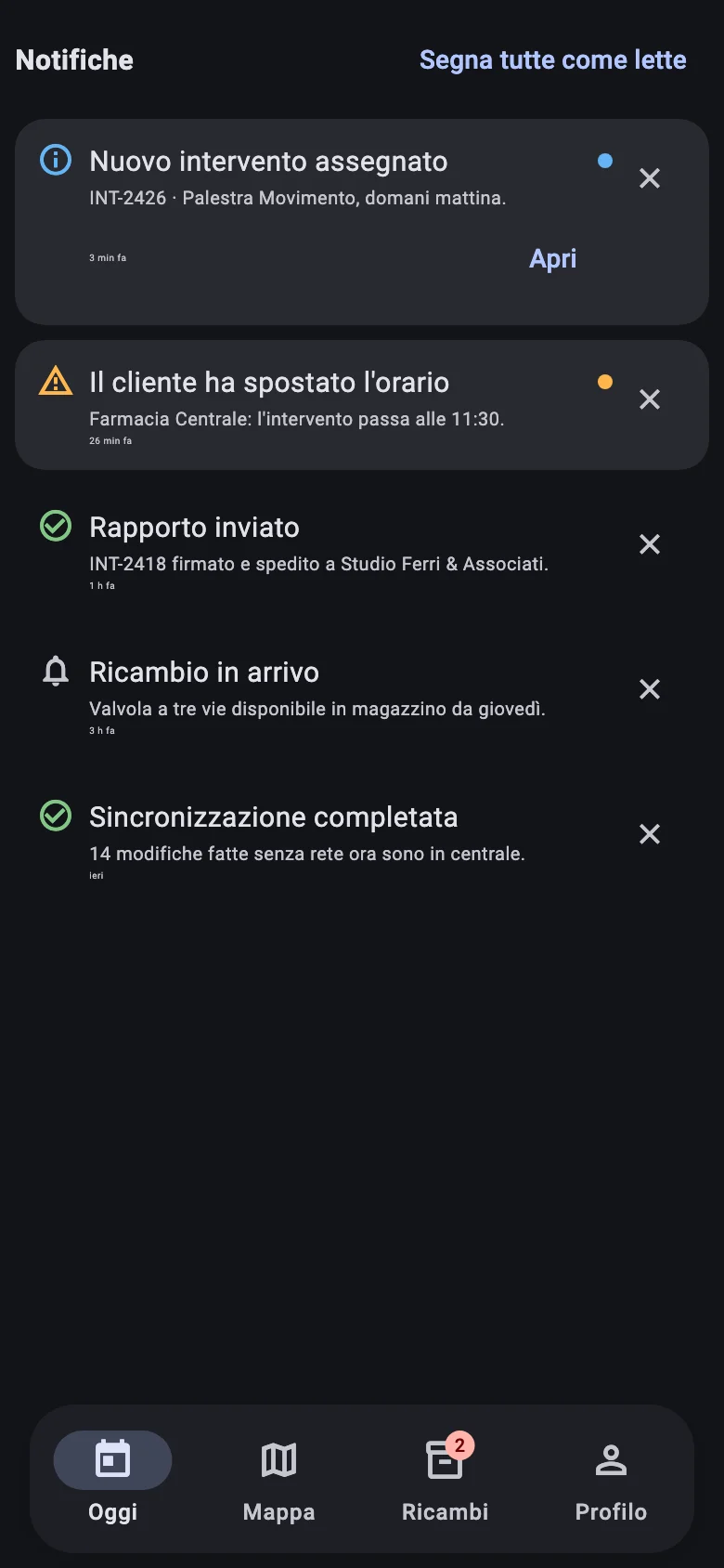 App del tecnico: notifiche di nuovi interventi, orari spostati e rapporti inviati.