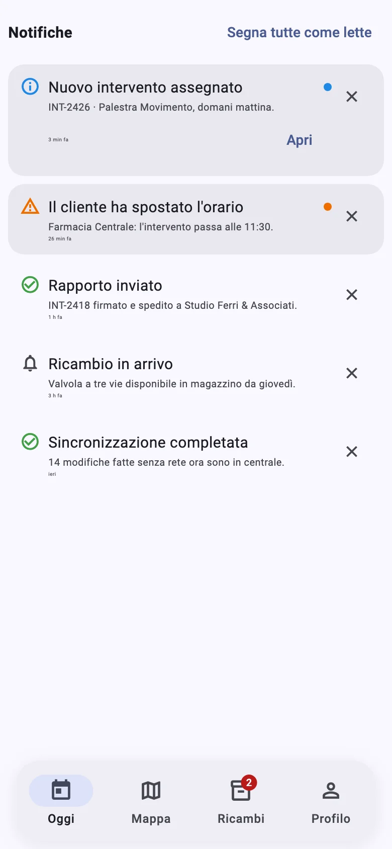 App del tecnico: notifiche di nuovi interventi, orari spostati e rapporti inviati.