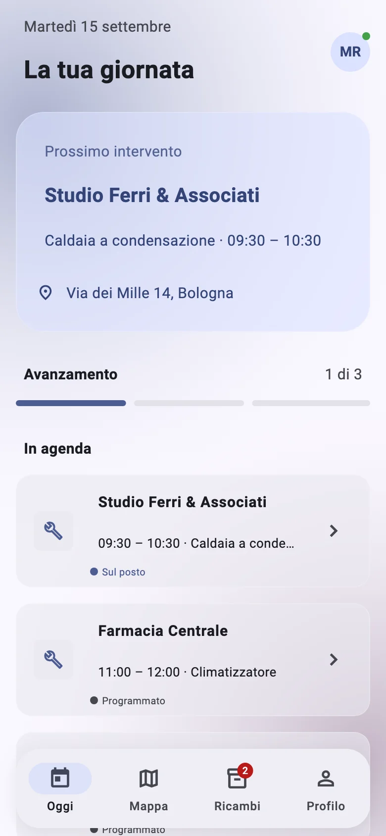 App del tecnico: la giornata con il prossimo intervento, l'avanzamento e l'agenda.