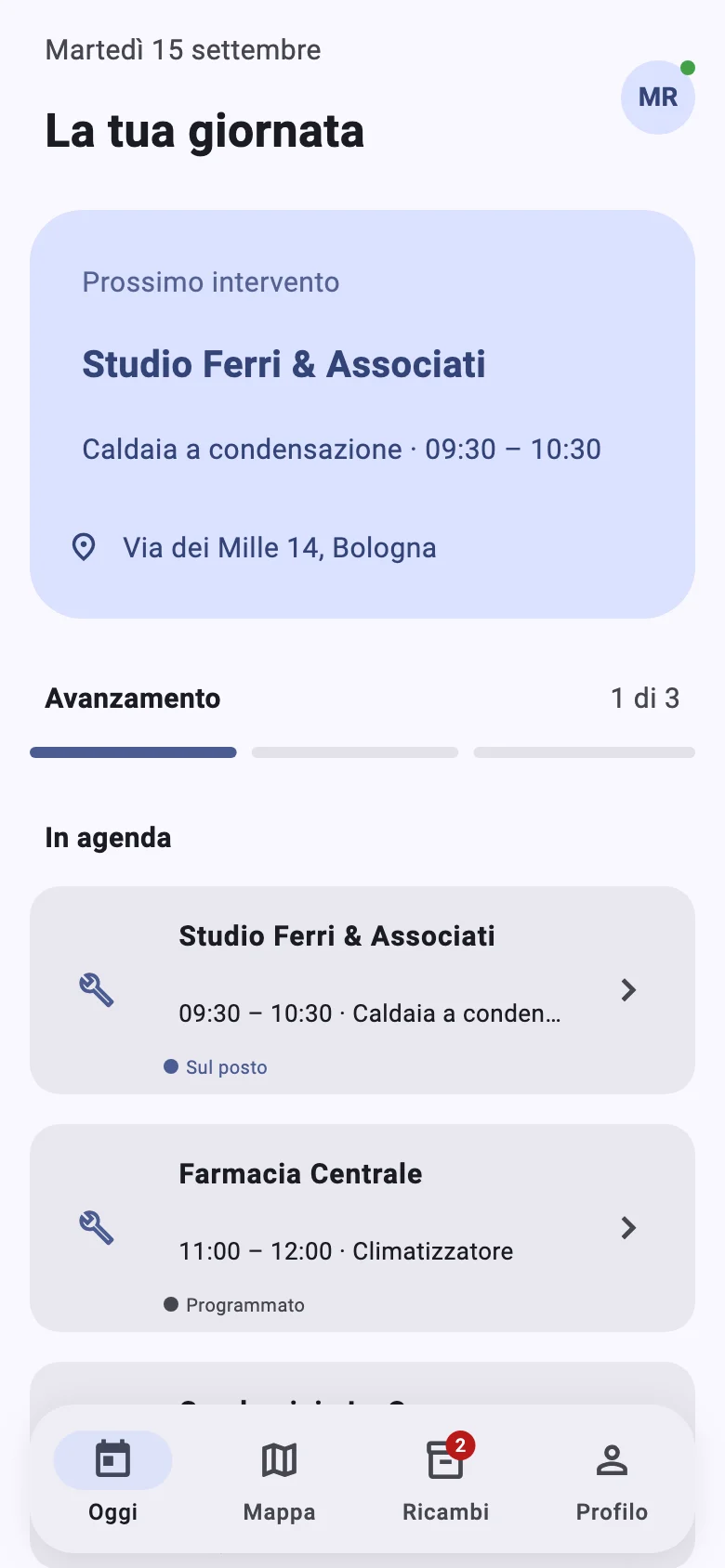 App del tecnico: la giornata con il prossimo intervento e l'agenda.