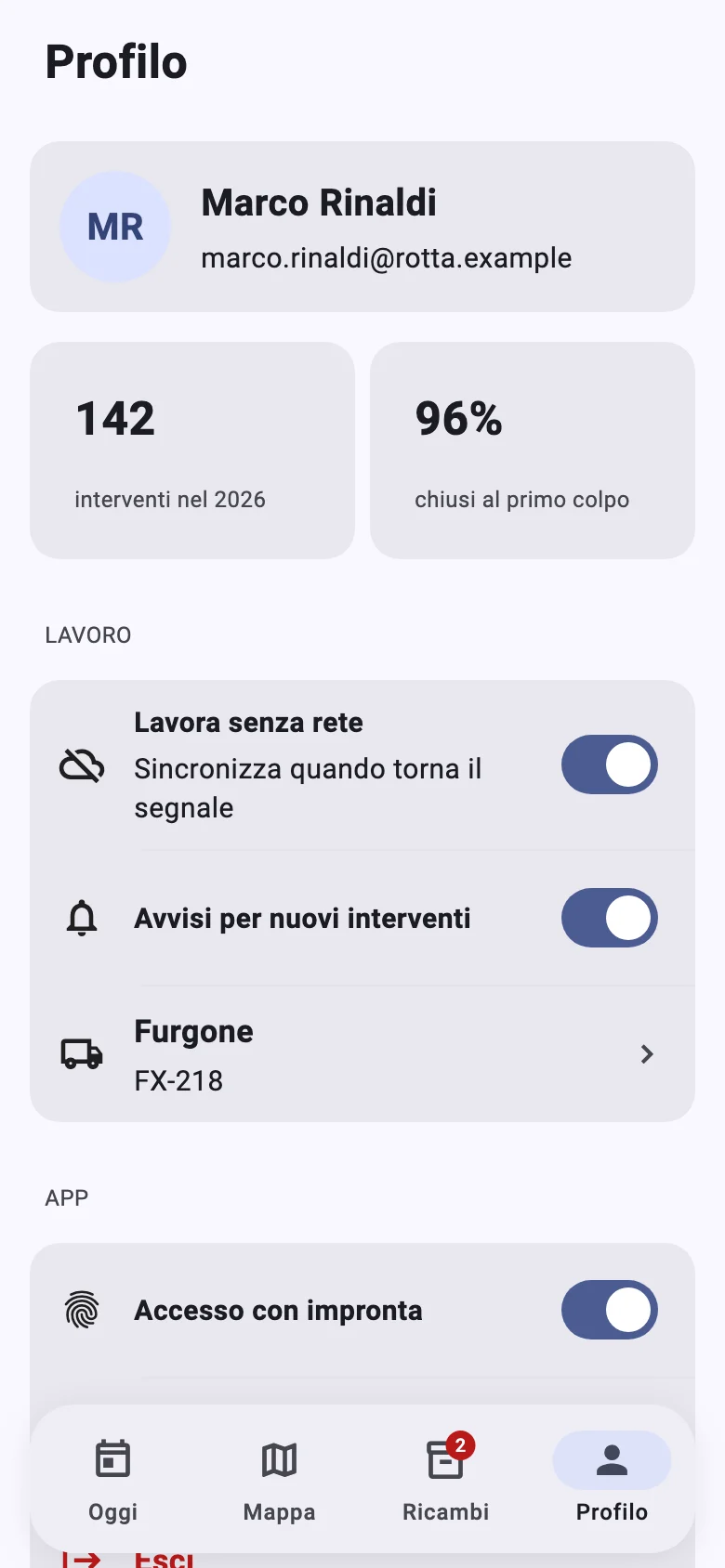 App del tecnico: profilo con le impostazioni di lavoro e dell’app.