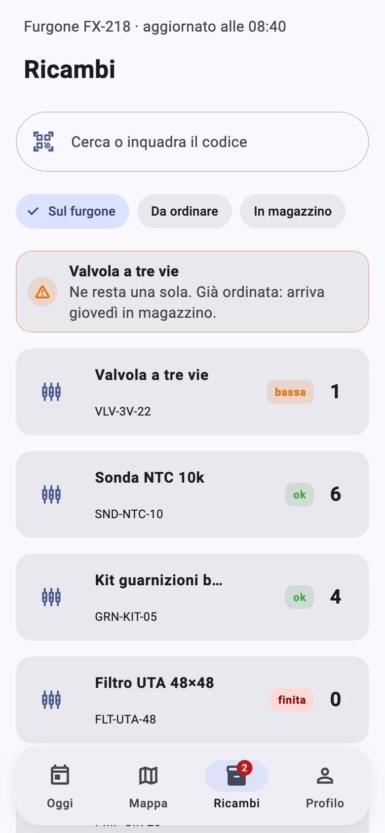 App del tecnico: ricambi sul furgone con le scorte e un avviso di scorta bassa.